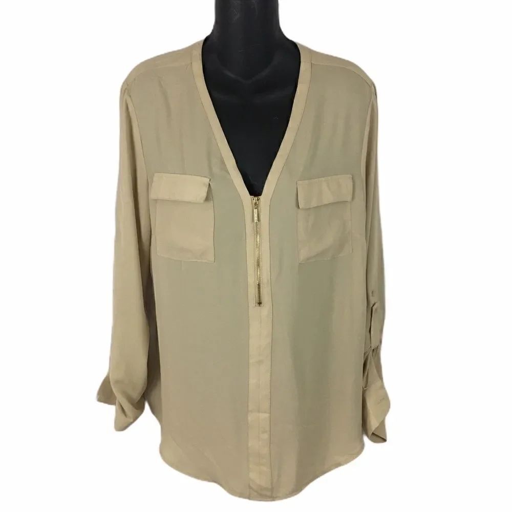 Anne Klein champagne roll sleeve zip neck blouse
